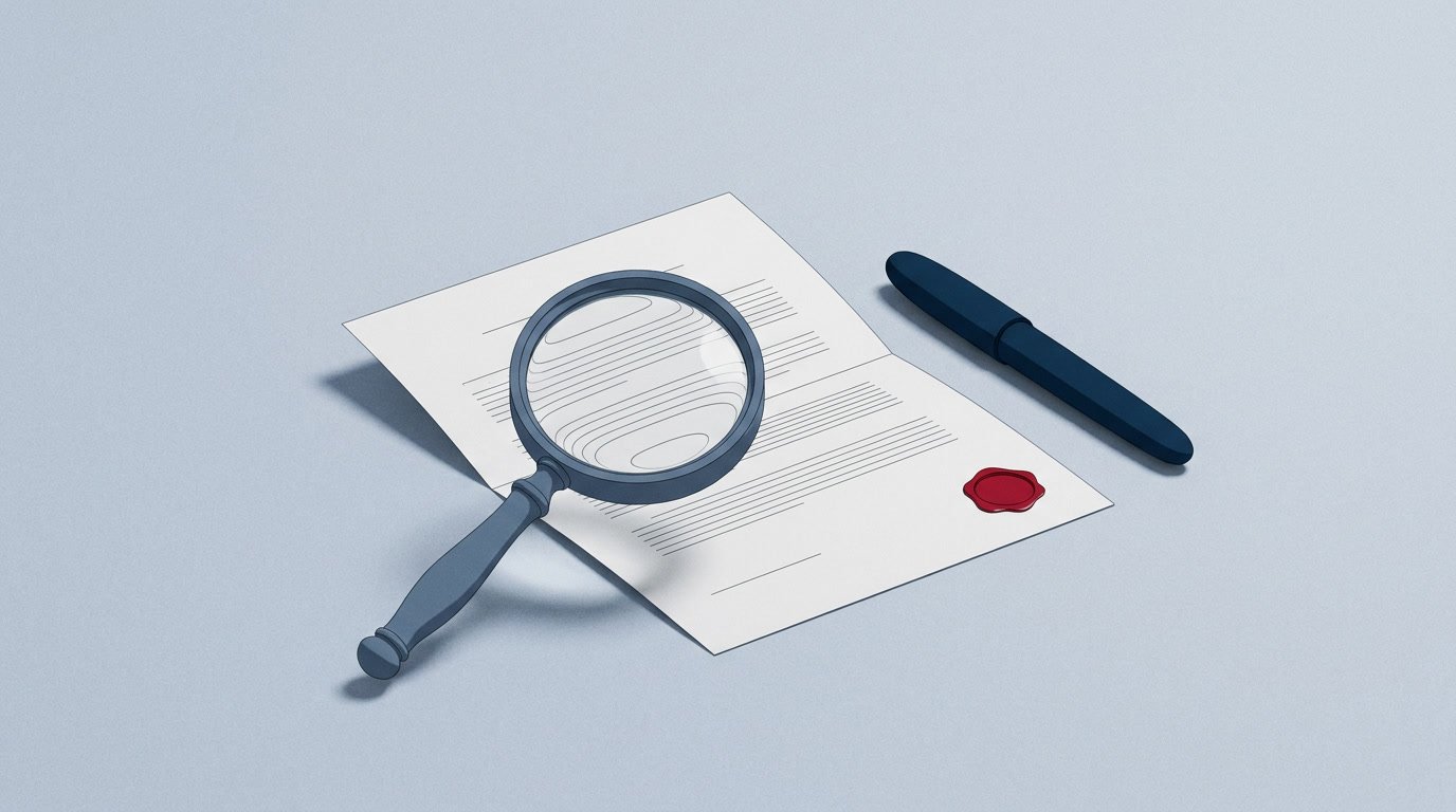 Illustration of an offer letter under a magnifying glass, with a capped pen beside it.
