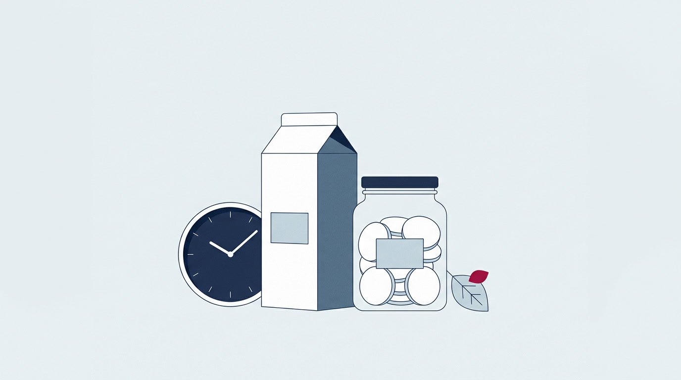 Illustration of a milk carton beside a clock and a biscuit jar beside a leaf, both with blank date labels
