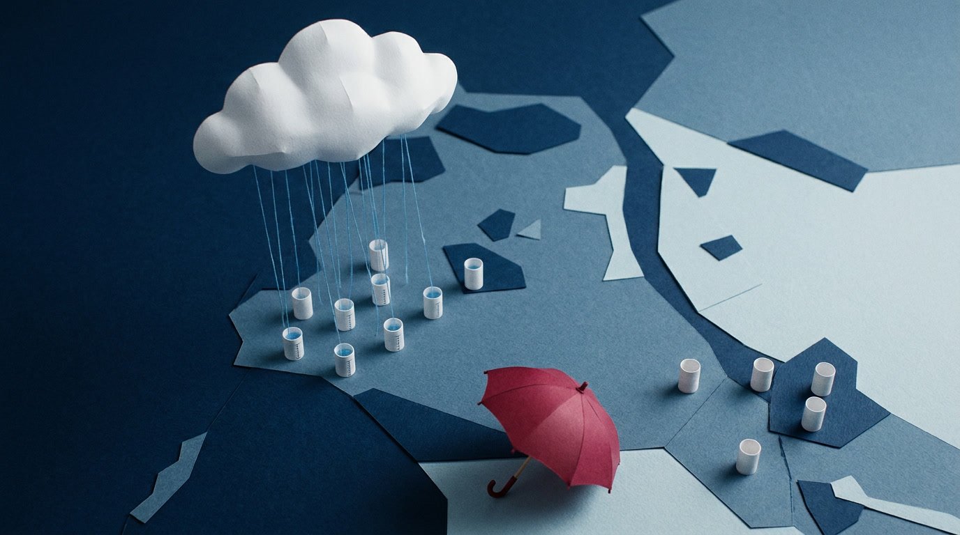 Illustration of a cloud raining over part of a landscape dotted with rain gauges, with an open umbrella in front