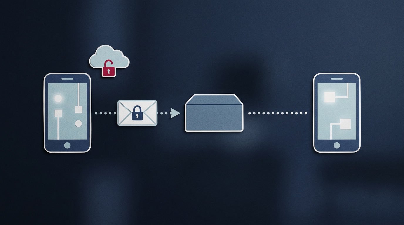 Illustration of a locked envelope passing between two phones past a server, with an open padlock on a cloud above one phone